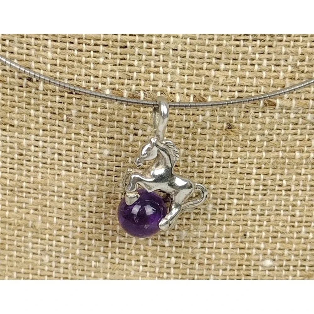 925 Sterling Silver Dyed Purple Agate Rearing Horse CHILD'S Choker Necklace